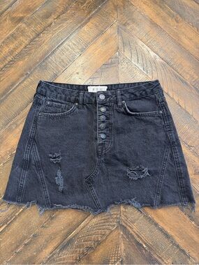 Free People Dark Grey Light Black Distressed Button-Front Denim Mini Skirt